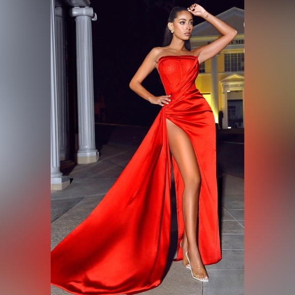 Sexy Diamond Corset Ruched High Slit Maxi Dress Red main image 0